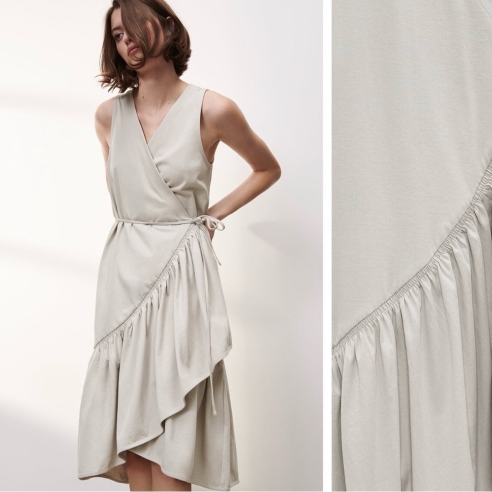 ZARA Womens Ruffled Wrap Dress Size S light Gray Jersey Cotton Sleeveless V-Neck
